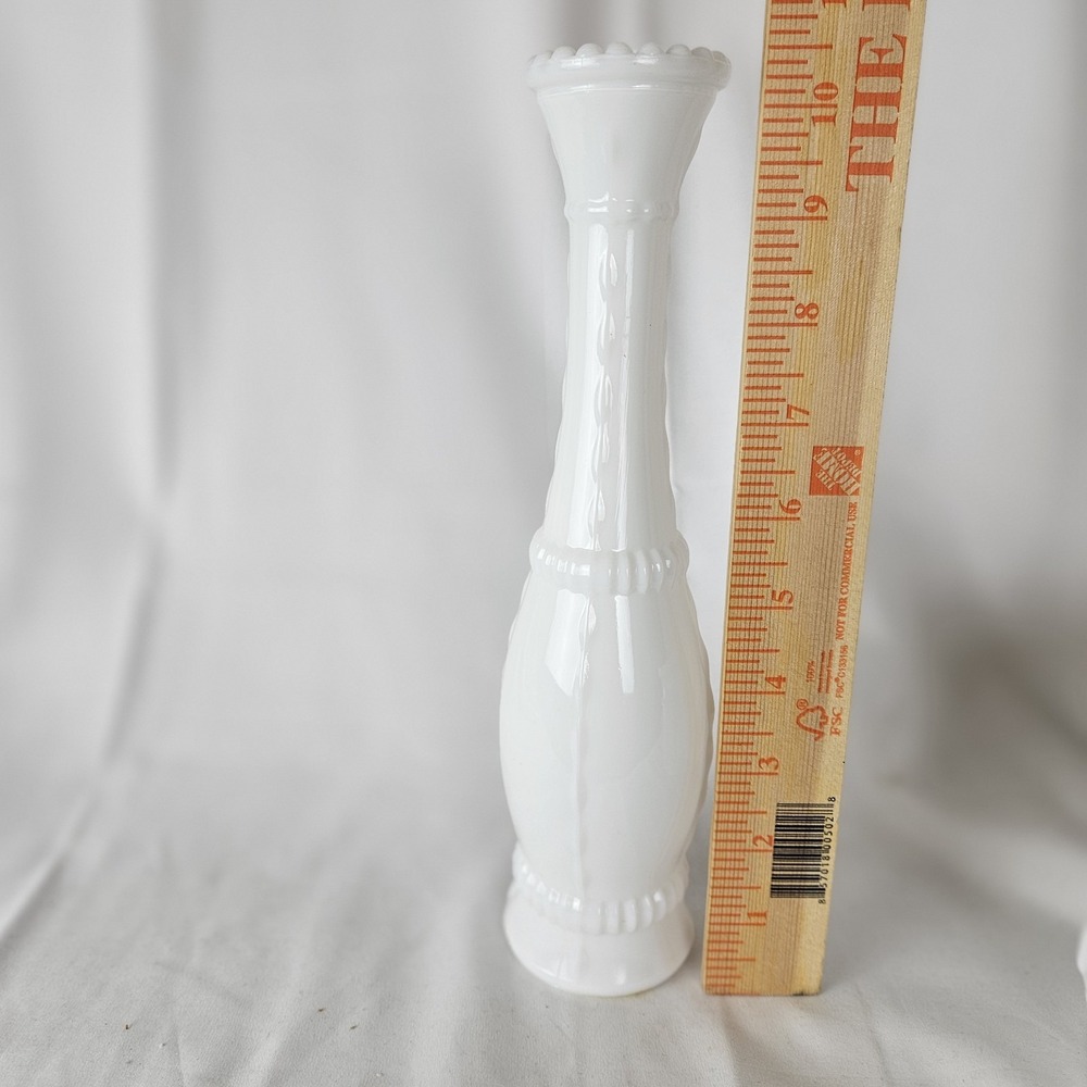 Vintage 1950s Bead and Stitch White Milk Glass Bud Vase 10.5"